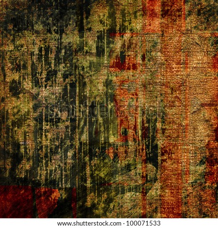art abstract grunge paper textured old gold background with green, orange, red and black graphic and blots