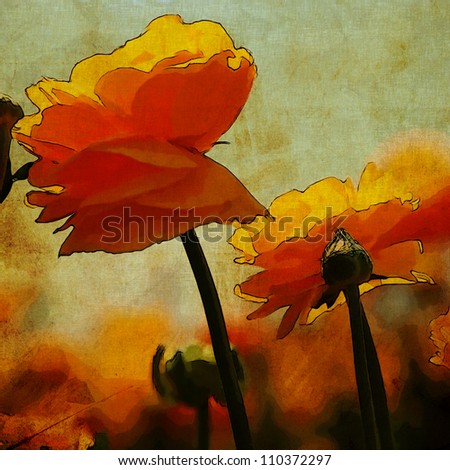 art floral grunge watercolor background with orange and red flowers on olivine back