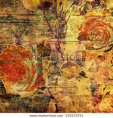 art autumn floral grunge graphic background with orange roses on gold and green wood basis