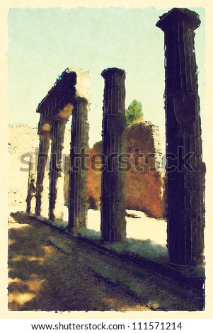 art background with europeans antique town, Ruins of columns, Pompeii, Italy