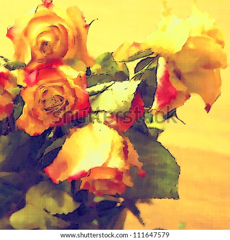 art floral colorful watercolor background with bouquet  of  yellow and red roses