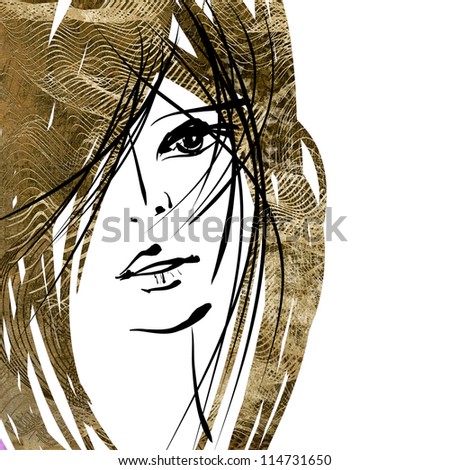 art colorful sketching beautiful girl face with sepia hair on white background