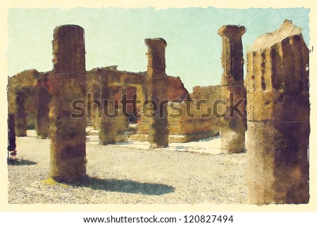 art background with european antique town. Ruins of columns, Pompeii, Italy