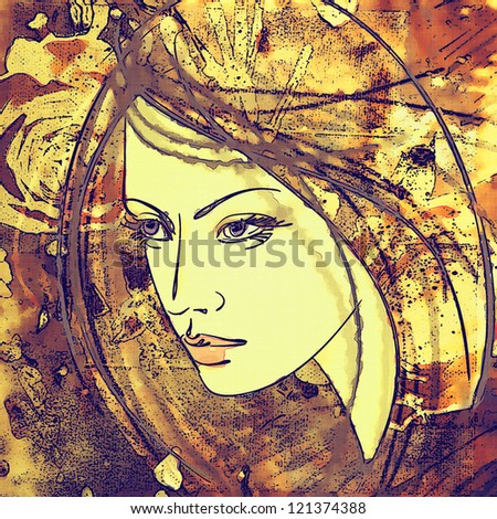 art colorful sketching of beautiful girl face in profile with golden and brown autumn floral ornament in hair on beige background