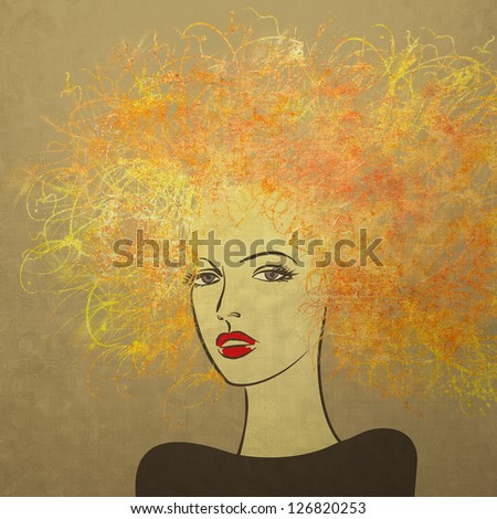 art colorful painting beautiful girl face with gold curly hair on sepia square background