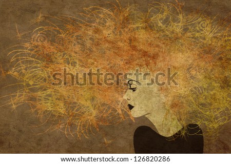 art colorful painting beautiful girl face with golden hair on brown background