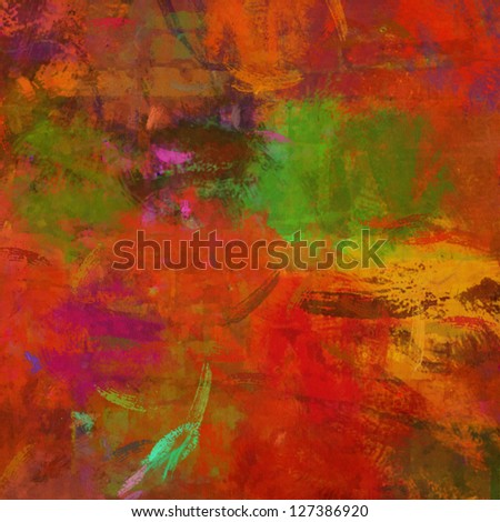 art abstract grunge textured painting red background with gold, purple and green blots