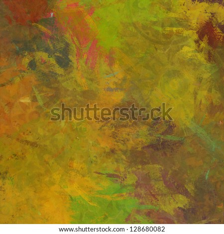 art abstract painted background in warm colors with yellow, orange, red, brown and green blots