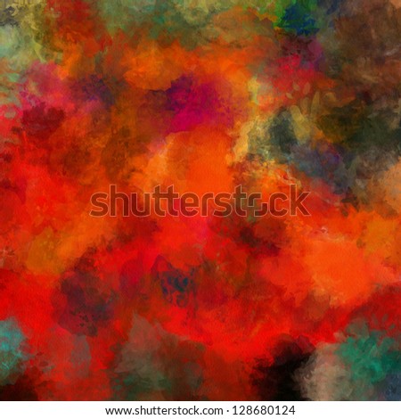 art abstract painted red background with green, gold and brown blots