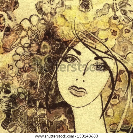 art watercolor and graphic monochrome beautiful girl face on autumn background in gold, brown and black colors