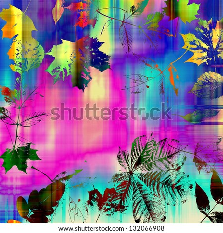 art watercolor and graphic leaves autumn background in pink, blue, black and yellow gold colors with space for text