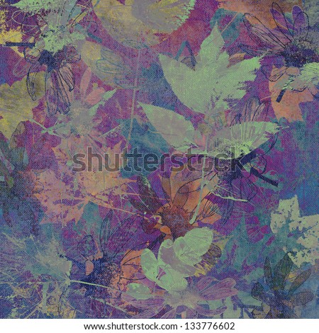 art autumn leaves background in violet, purple,green, eton blue and pink-orange colors
