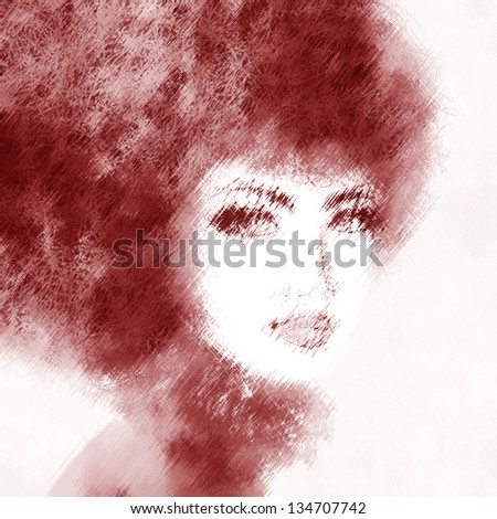 art red-brown monochrome sketched beautiful girl face with curly hair isolated on white background