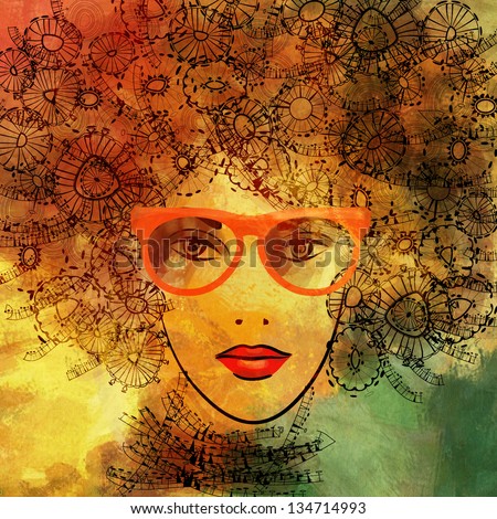 art colorful sketching of beautiful girl face in orange glasses with curly red and gold ornamental hair on color background