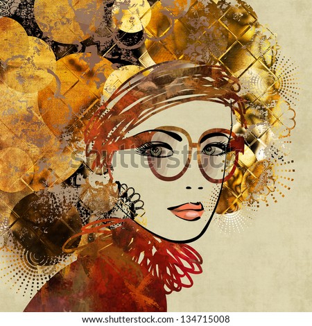 art colorful sketching of beautiful girl face with glasses and gold, brown and black ornamental hair on beige background. Vector version is also in my gallery.