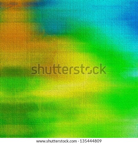 art abstract painted background on fabric texture in green, yellow, orange and blue colors