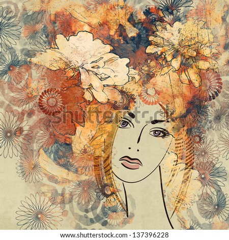art colorful sketching beautiful girl face with red floral curly hair, on sepia background