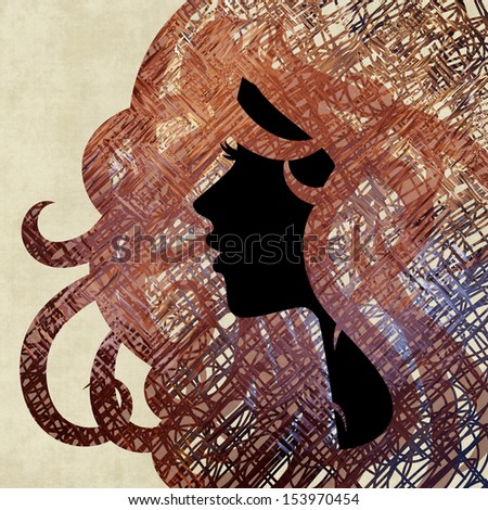 art colorful sketching beautiful girl face with red curly hair, on sepia background