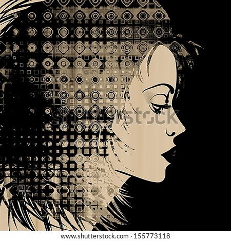 art sketched beautiful girl face in profile with geometric ornament hair on black background, in black and white