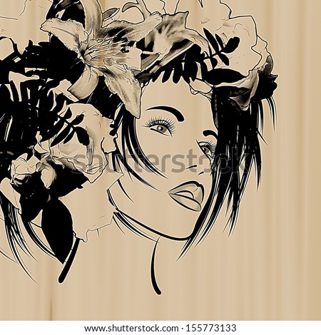 art sketched beautiful girl face with flowers in hair on sepia background