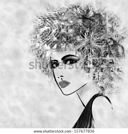 art sketched beautiful girl face with curly hair and in profile in black graphic on white background