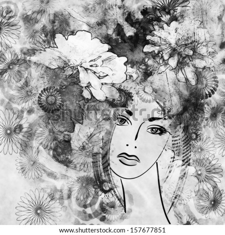 art monochrome sketched beautiful girl face with flowers in hair  in black graphic on white background