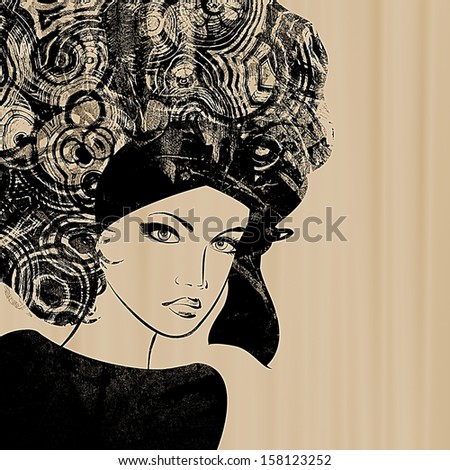 art sketched beautiful girl face in profile with floral and geometric hair on sepia background in black and white