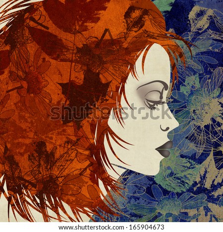 art colorful sketched beautiful girl face in profile with red hair on blue floral ornamental background