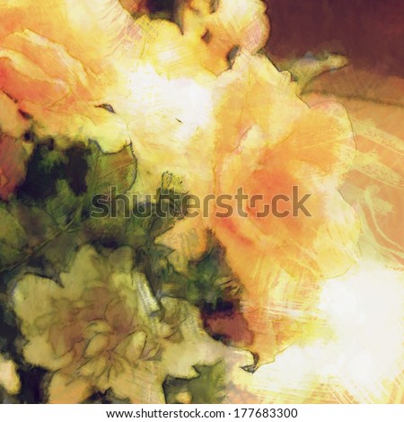 art vintage floral blurred background with bright orange roses and white peony