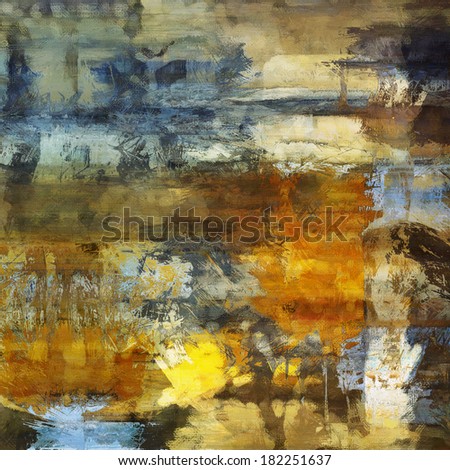 art abstract acrylic and pencil background in gold yellow, orange, blue, beige and brown colors