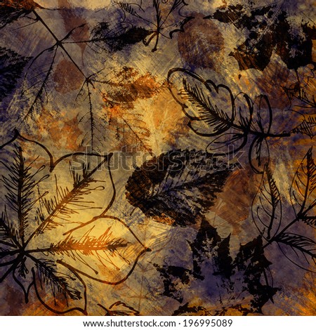 art autumn leaves graphic background in old gold, iris, black and brown colors