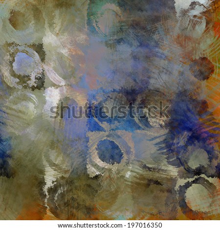 art abstract acrylic and pencil background in blue, grey, white, orange and black colors with grunge circles