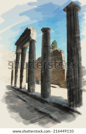 art watercolor background on paper texture with european antique town, Pompeii, Italy. Patio ruins
