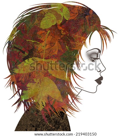 art colorful sketched beautiful girl face in profile with floral hair isolated on white background