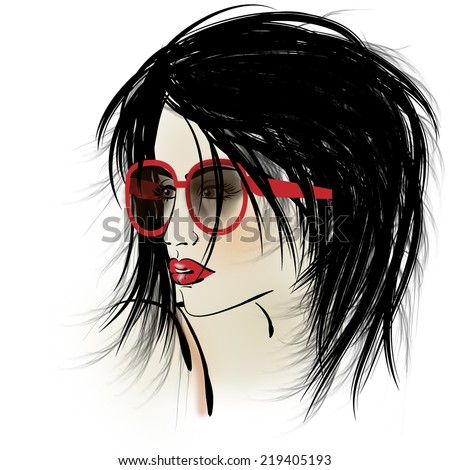 art sketched beautiful girl face profile with eyeglasses and black hair in colorful graphic  isolated on white background
