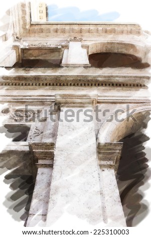 art watercolor background isolated on white basis with european antique town, Italy, Rome. Detail of classic order, small-caps in patio