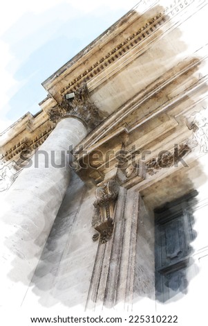 art watercolor background isolated on white basis with european antique town, Italy, Rome. Detail of classic order with small-caps on portal