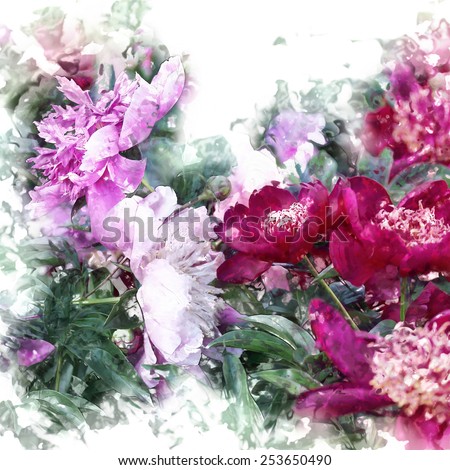art grunge floral vintage isolated on white watercolor background with pink and purple peonies