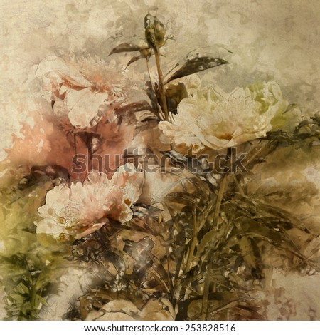 art grunge floral vintage watercolor background with white and pink orange peonies toned retro sepia filter effect