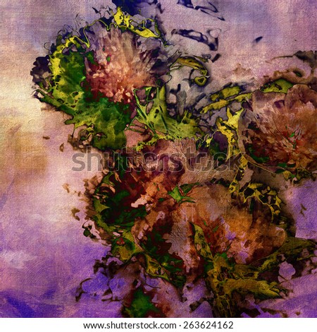 art colorful grunge floral watercolor paper textured background with peonies in lilac, violet, gold, brown and green colors
