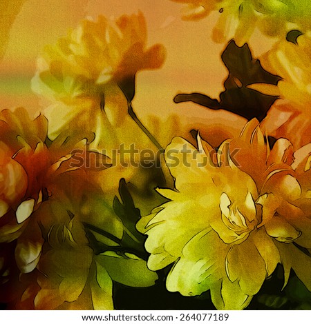 art colorful grunge floral watercolor paper textured background with white asters  in  gold, orange and green colors