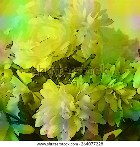 art monochrome grunge floral watercolor paper textured background with white asters  in green, white and black colors