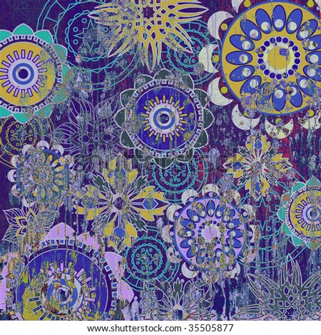 art grunge background with floral damask stylized pattern in blue, violet, lilac, cyan and old gold colors