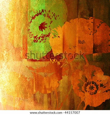 art vintage floral background in golden, orange and green colors, with silhouettes of poppies