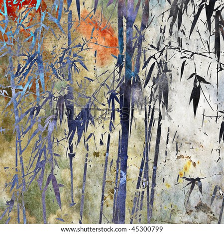 art floral vintage colorful watercolor background in blue grey, white , orange and grey colors with young bamboo