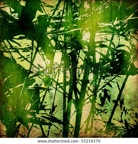 art graphic and watercolor floral vintage monochrome paper textured background in light gold and green colors with young bamboo and trees
