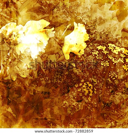 art grunge floral vintage autumn monochrome brown and old gold background with ola peonies