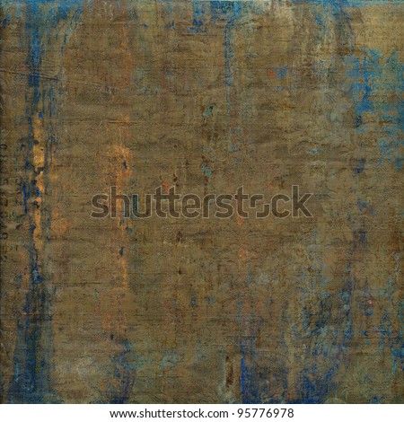 art grunge vintage paper textured brown background with old gold and blue blots