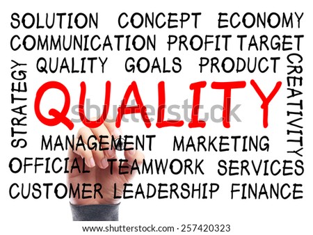 Quality word cloud is written on transparent whiteboard by the hand of a businessman.