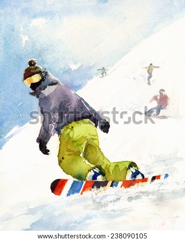 Snowboarders Riding Downhill Extreme Sports Hand Painted Watercolor Illustration